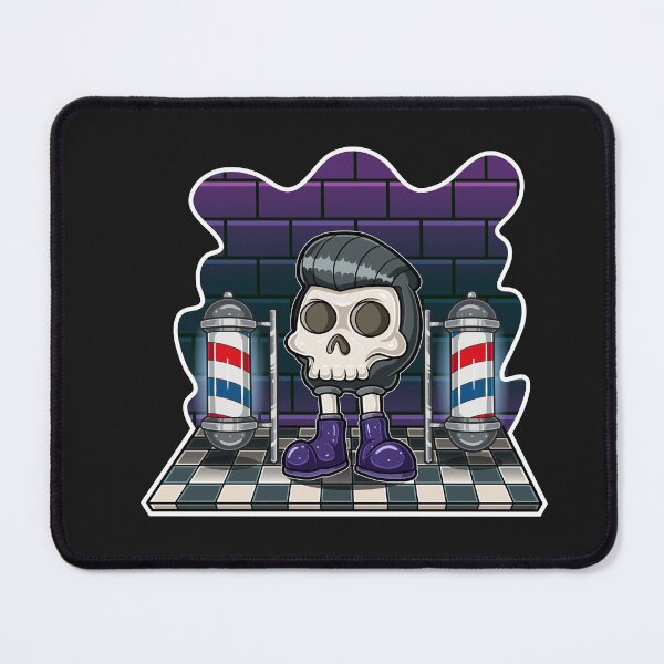 Item preview, Skeleton Head Cartoon Character standing with cool hair, barbershop and brick background with neon light. designed and sold by tedykurniawan12.