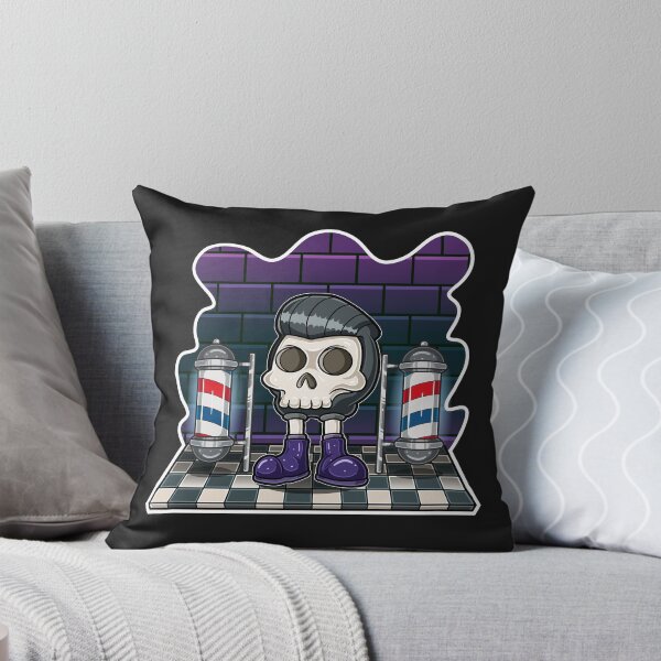 Item preview, Skeleton Head Cartoon Character standing with cool hair, barbershop and brick background with neon light.  designed and sold by tedykurniawan12.