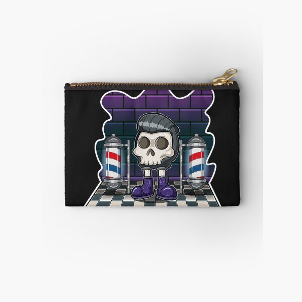 Item preview, Skeleton Head Cartoon Character standing with cool hair, barbershop and brick background with neon light.  designed and sold by tedykurniawan12.