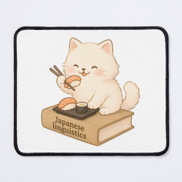 Item preview, Japanese Linguistics Cat – Cute Fluffy Cat Eating Sushi on a Book designed and sold by Nerd Romance Café.