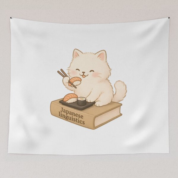 Item preview, Japanese Linguistics Cat – Cute Fluffy Cat Eating Sushi on a Book designed and sold by Nerd Romance Café.