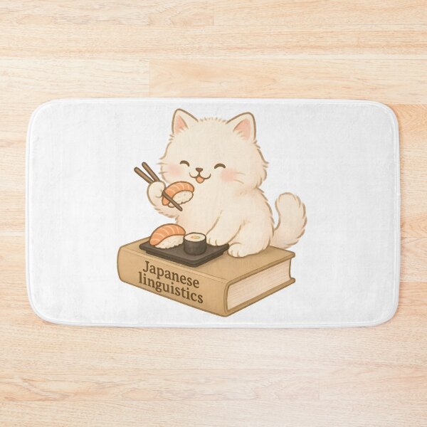 Item preview, Japanese Linguistics Cat – Cute Fluffy Cat Eating Sushi on a Book designed and sold by Nerd Romance Café.