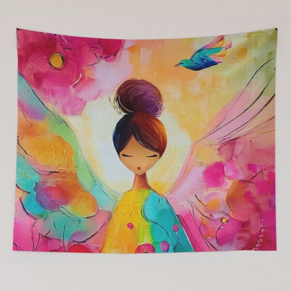 Item preview, Colorful angel with flowers – Cheerful poster, colorful angel wall art, modern wall decor designed and sold by Seelenzauberart.