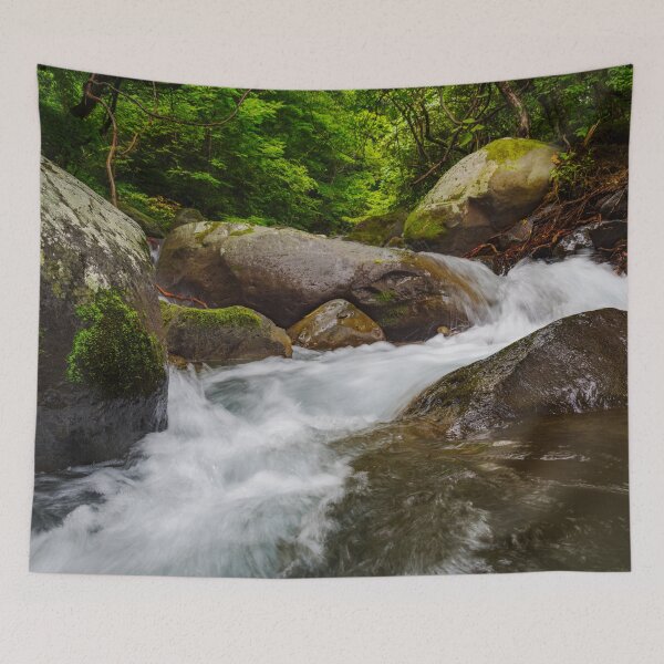 Item preview, Fast-Flowing Mountain Stream Cascading Around Mossy Rocks in the Kawamata River, Yamanashi, Japan designed and sold by Pix4Japan.