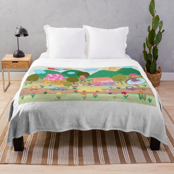 Item preview, Cute Hand-Drawn Village Landscape with Animals, Cars, Mountains and Flowers – Kids Pastel Cartoon Illustration designed and sold by Dintheo.