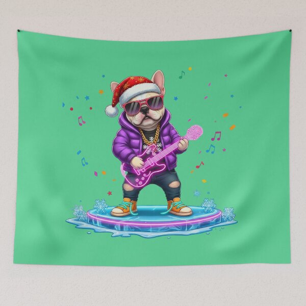 Item preview, Christmas Rock Star Frenchie | Cool Dog with Neon Guitar & Puffer Jacket designed and sold by E-SarnEdge.