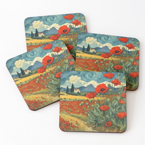Item preview, Artistic landscape with red poppies and mountains – Vibrant floral illustration in a painted style designed and sold by SeNsArtGallery.