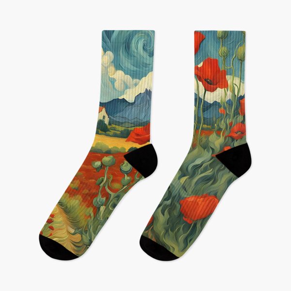 Item preview, Artistic landscape with red poppies and mountains – Vibrant floral illustration in a painted style designed and sold by SeNsArtGallery.