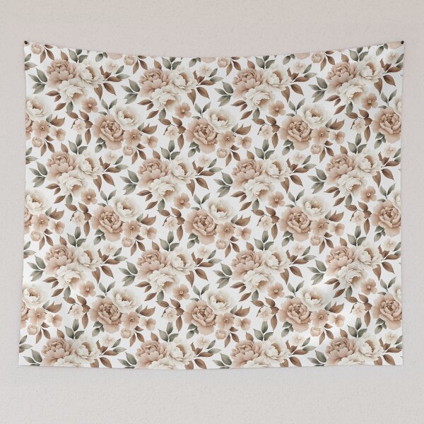 Item preview, The image showcases a beautiful floral pattern dominated by peonies and smaller flowers, along with leaves, all rendered in soft, muted earth-tone colors against a stark white background. designed and sold by rujlaphusstudio.