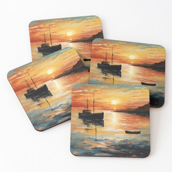 Item preview, Sunset at sea with a fishing boat – Bright and peaceful artistic illustration designed and sold by SeNsArtGallery.