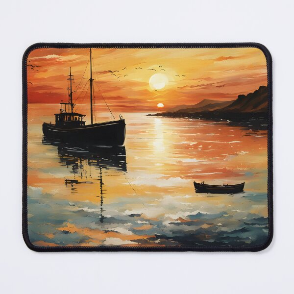 Item preview, Sunset at sea with a fishing boat – Bright and peaceful artistic illustration designed and sold by SeNsArtGallery.