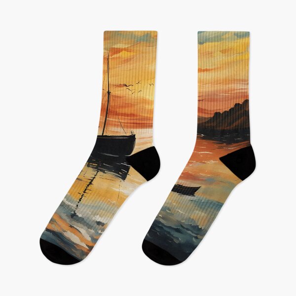 Item preview, Sunset at sea with a fishing boat – Bright and peaceful artistic illustration designed and sold by SeNsArtGallery.