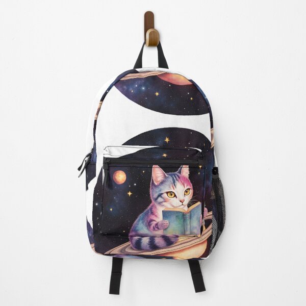 Item preview, Colorful cat reading in space with planets and stars surrounding designed and sold by SpaceartLilu.