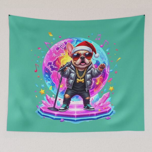 Item preview, Christmas Hip-Hop Star Frenchie | Cool Dog Singer with Mic & Swag designed and sold by E-SarnEdge.