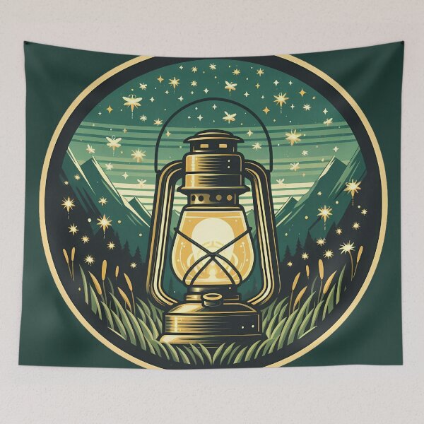 Item preview, Vintage Camping Lantern Night Mountain Fireflies Badge designed and sold by oynipshop.