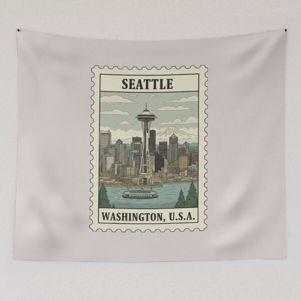 Item preview, Vintage Seattle Skyline Stamp Illustration Stamp  designed and sold by allaboutstamps.
