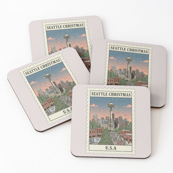 Item preview, Vintage Seattle Christmas Stamp Illustration designed and sold by allaboutstamps.