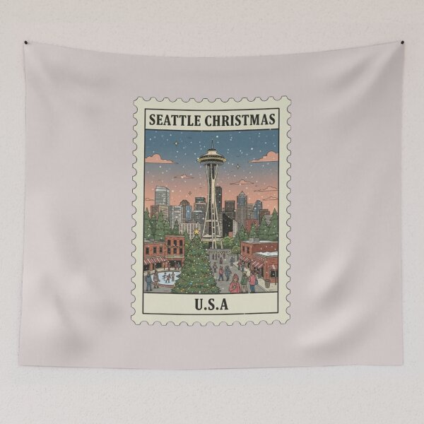 Item preview, Vintage Seattle Christmas Stamp Illustration designed and sold by allaboutstamps.