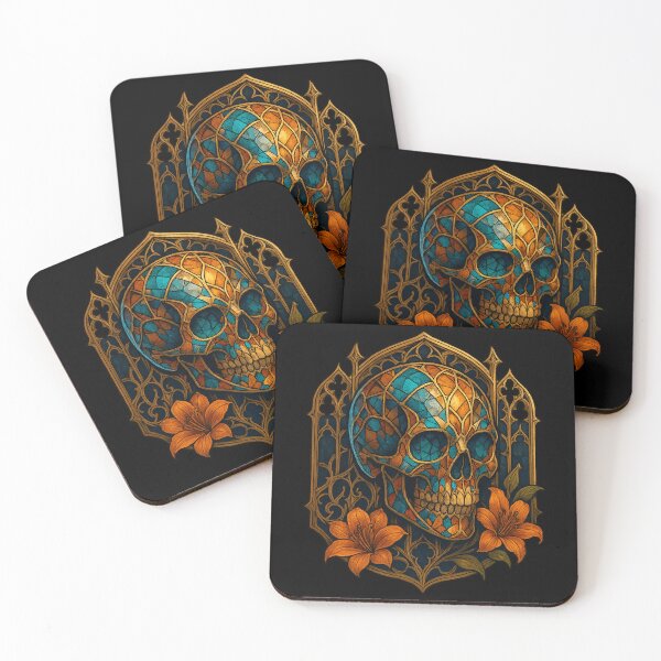Item preview, Stained glass skull with orange lilies designed and sold by LaNadaYFundante.