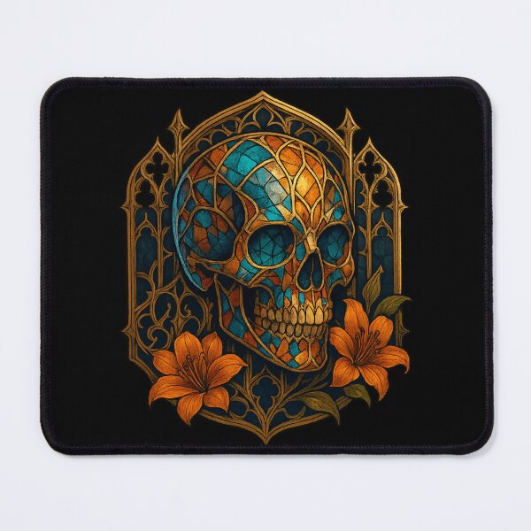Item preview, Stained glass skull with orange lilies designed and sold by LaNadaYFundante.