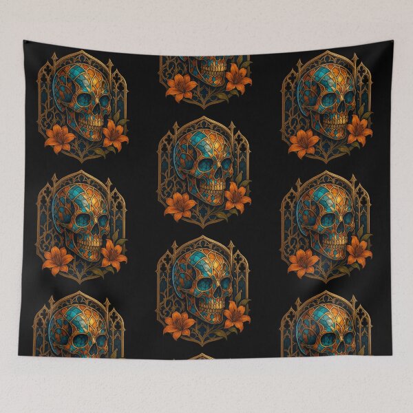 Item preview, Stained glass skull with orange lilies designed and sold by LaNadaYFundante.