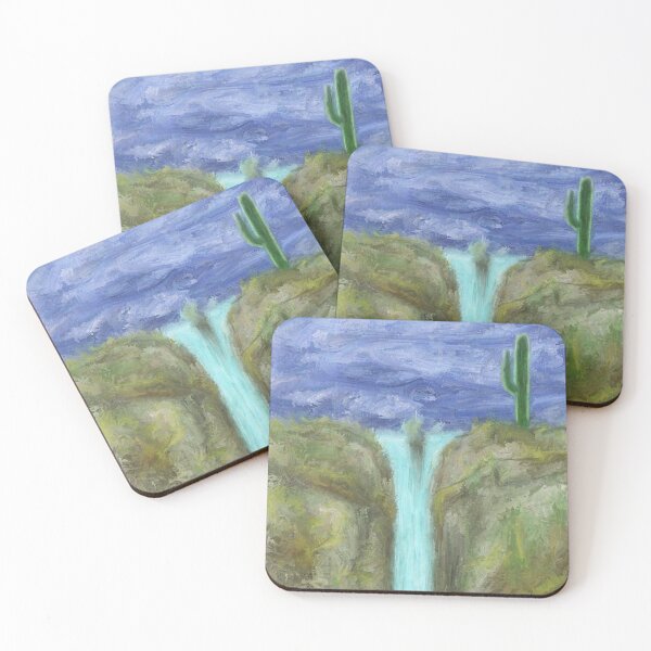 Item preview, Canyon Waterfall Cactus Digital Painting | Mountain Landscape Stormy Atmosphere designed and sold by Keltoi-art.