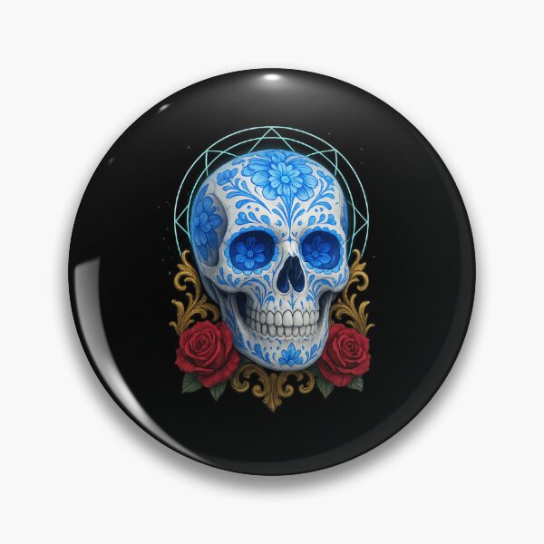 Item preview, Blue sugar skull with red roses designed and sold by LaNadaYFundante.