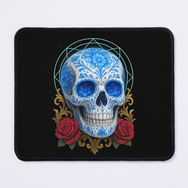 Item preview, Blue sugar skull with red roses designed and sold by LaNadaYFundante.