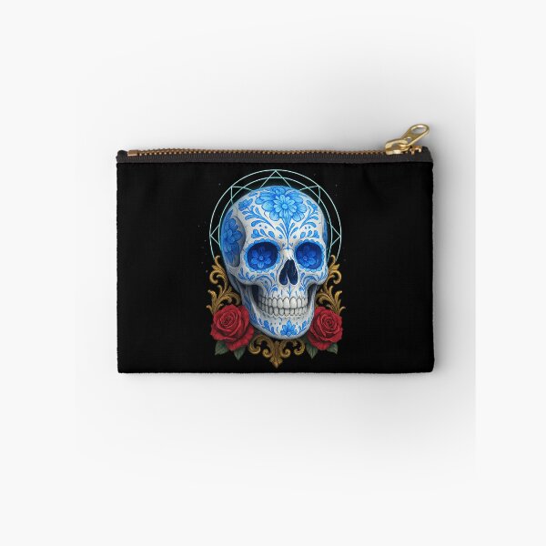 Item preview, Blue sugar skull with red roses designed and sold by LaNadaYFundante.