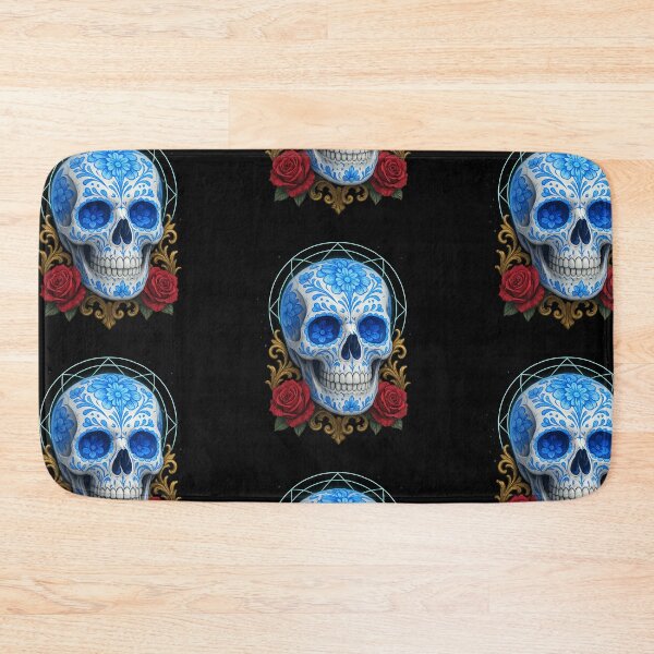 Item preview, Blue sugar skull with red roses designed and sold by LaNadaYFundante.