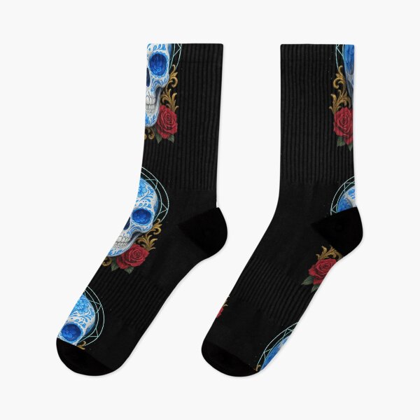 Item preview, Blue sugar skull with red roses designed and sold by LaNadaYFundante.