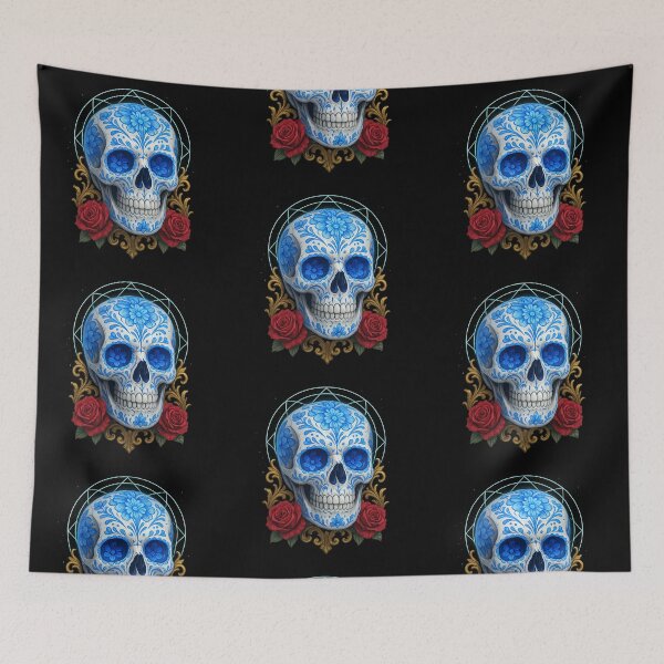 Item preview, Blue sugar skull with red roses designed and sold by LaNadaYFundante.