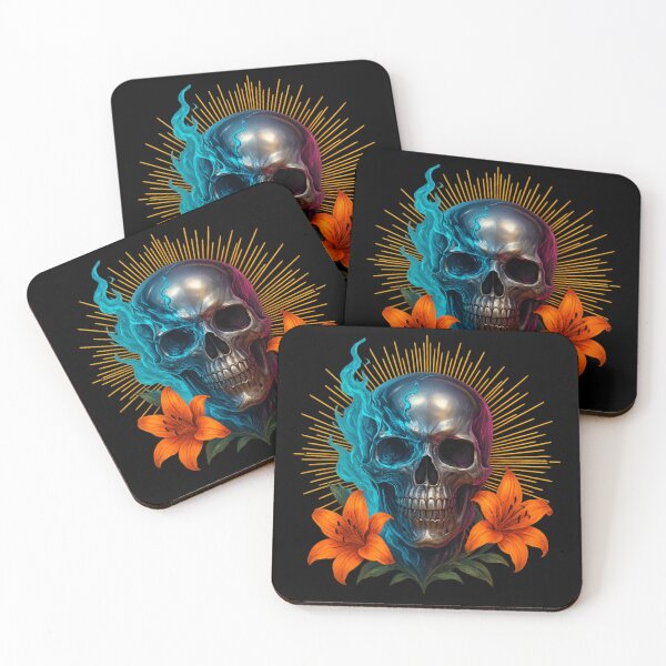 Item preview, Dual-tone skull with blue flames and orange flowers designed and sold by LaNadaYFundante.