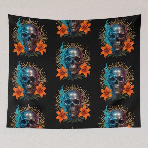 Item preview, Dual-tone skull with blue flames and orange flowers designed and sold by LaNadaYFundante.