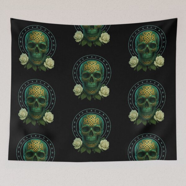 Item preview, Green Celtic skull with white roses designed and sold by LaNadaYFundante.
