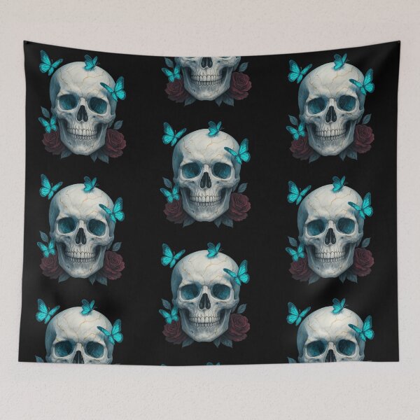 Item preview, White skull with turquoise butterflies designed and sold by LaNadaYFundante.