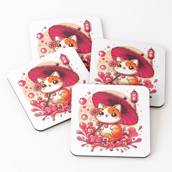 Item preview, Kawaii Japanese Lucky Cat Red Umbrella designed and sold by BigBlueArt.