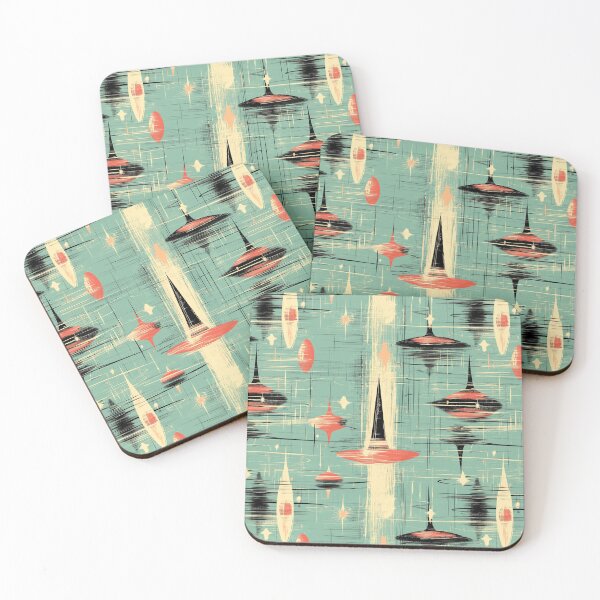 Item preview, Mid-Century Space-Age Pattern – Atomic Aquamarine Orbit: Retro Pop Design with Flying Saucers & Starbursts in Teal, Red & Cream designed and sold by The Print Parlor.