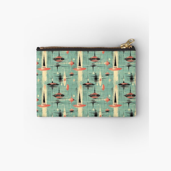 Item preview, Mid-Century Space-Age Pattern – Atomic Aquamarine Orbit: Retro Pop Design with Flying Saucers & Starbursts in Teal, Red & Cream designed and sold by The Print Parlor.