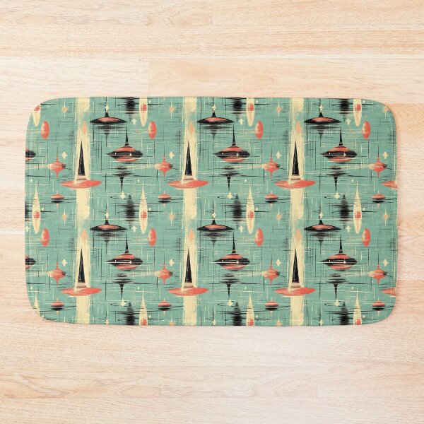 Item preview, Mid-Century Space-Age Pattern – Atomic Aquamarine Orbit: Retro Pop Design with Flying Saucers & Starbursts in Teal, Red & Cream designed and sold by The Print Parlor.