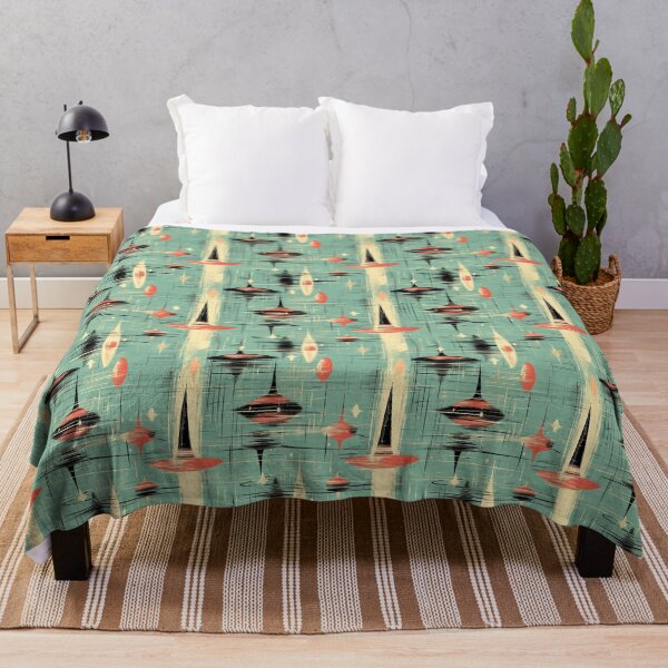 Aperçu de l'œuvre Mid-Century Space-Age Pattern – Atomic Aquamarine Orbit: Retro Pop Design with Flying Saucers & Starbursts in Teal, Red & Cream créée et vendue par The Print Parlor.