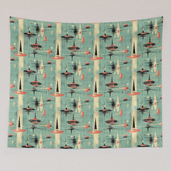 Item preview, Mid-Century Space-Age Pattern – Atomic Aquamarine Orbit: Retro Pop Design with Flying Saucers & Starbursts in Teal, Red & Cream designed and sold by The Print Parlor.
