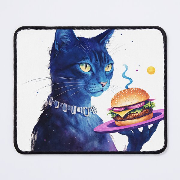 Item preview, Funny cat holding a burger in a colorful cosmic scene with planets and stars designed and sold by SpaceartLilu.