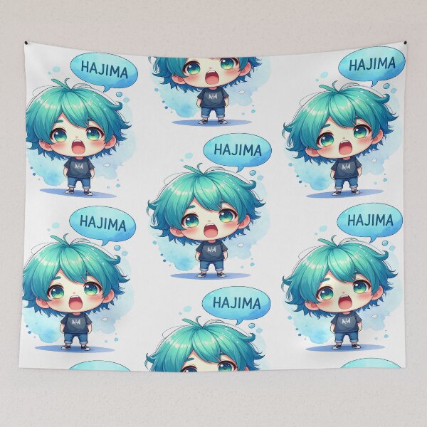 Item preview, Chibi boy with turquoise hair shouts HAJIMA, stop that designed and sold by LiskoDesign.