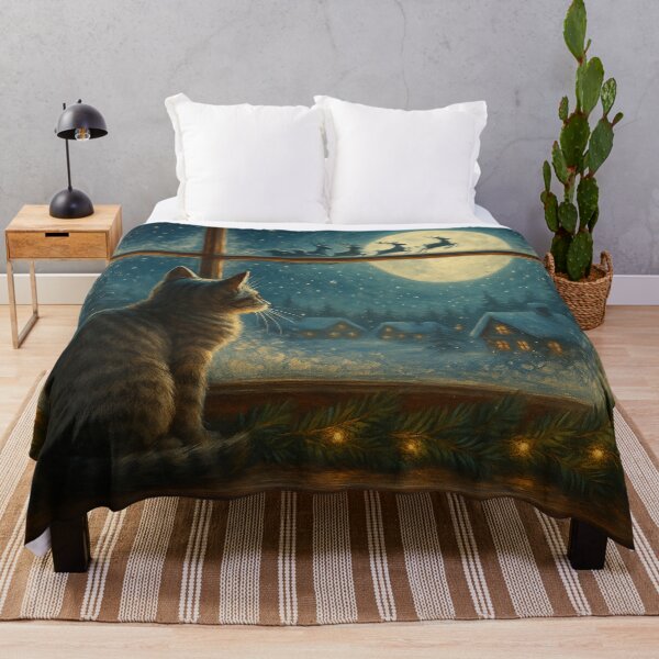 Item preview, Christmas Cat Watching Santa Fly – Cozy Winter Window Scene Art designed and sold by leen12 Art Designs Prints.