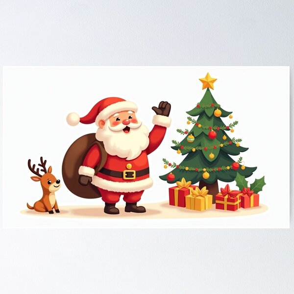 Item preview, Cute Santa Claus with Reindeer and Christmas Tree – Festive Holiday Illustration for Kids, Winter Gifts, Xmas Art Print designed and sold by RedStudioPRO872.