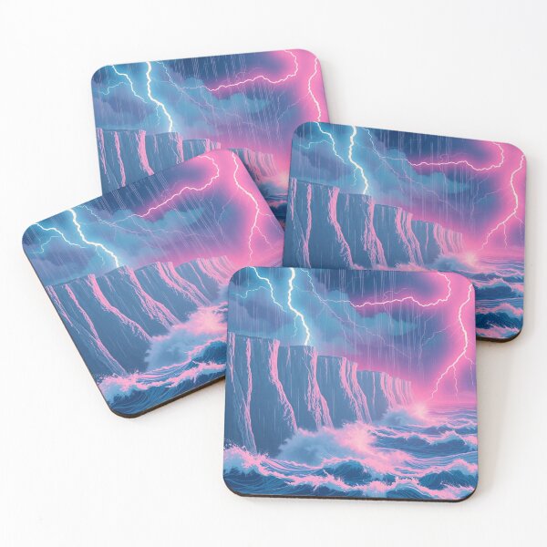 Item preview, Neon Lightning Storm Over Dramatic Ocean Cliffs Synthwave designed and sold by EllDAV777.