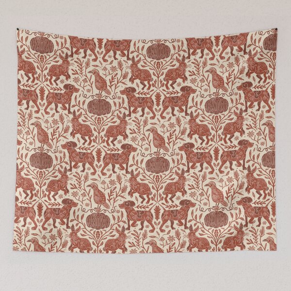 Item preview, Autumn Hunt Club - Folk Hunting Dogs Partridges Rabbits & Pumpkins - Rust designed and sold by IlustraDeni.