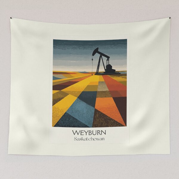 Item preview, Weyburn Saskatchewan Industry | Oil Pump Jack & Fields Art Print designed and sold by TuncGK.