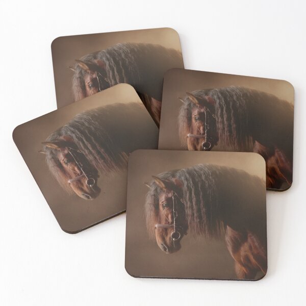 Item preview, Portrait of a black horse with a long mane against a soft golden-brown light background designed and sold by Julia Shepeleva.
